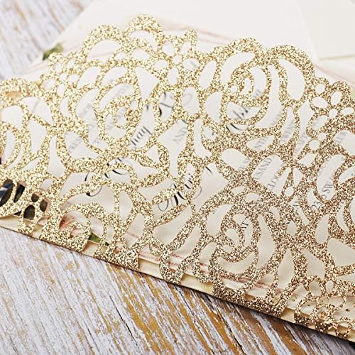 50PCS 5.12 x 7.28'' Gold Wedding Invitations Cards with Burgundy Bowknot Laser Cut Hollow Rose Flowers Invitation for Bridal Shower Engagement Wedding Invite (Gold Glitter) - Image 6