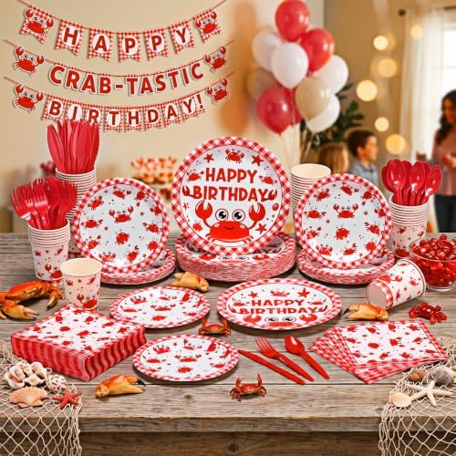 Funnymoom 400 Pcs Crab Boil Birthday Party Supplies for 50 Guest Seafood Disposable Plates Napkin Cup Spoon Fork Knives for Birthday Picnic BBQ Crab Seafood Boil Party Supplies - Image 4