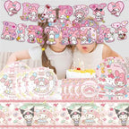 Meledy Birthday Party Supplies, Kawaii Cartoon Party Tableware with Happy Birthday Banner, Tablecloth, Disposable Paper Plates with Napkins for Fans Kids Party Decorations Serves 20 Guests - Image 4