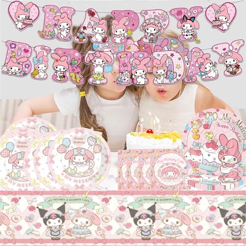 Meledy Birthday Party Supplies, Kawaii Cartoon Party Tableware with Happy Birthday Banner, Tablecloth, Disposable Paper Plates with Napkins for Fans Kids Party Decorations Serves 20 Guests - Image 4