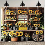 Rustic Sunflowers and Farmhouse Cart Background Sunflower Floral Party Decorations for Homes Gardens Weddings Birthdays Mothers Day Wedding Bridal Shower Versatile Indoor/Outdoor Decor (A, 9x6feet) by JICONEE