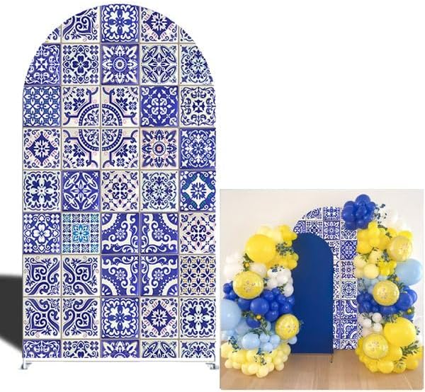Curved Top Arch Cover Backdrop 4x7ft Mediterranean Portuguese Patchwork Tile Theme Spandex Background for Birthday Wedding Shower Banquet Porcelain Party Decoration by FiVan