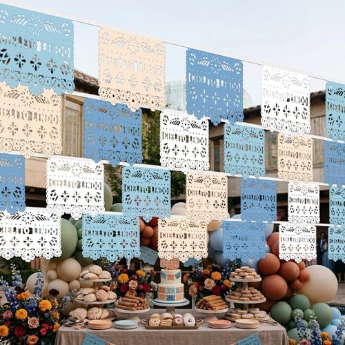 TOUROAM 4 Pack Blue Mexican Papel Picado Banner, Fiesta Party Decorations for Birthday, Baby Shower, Cinco De Mayo, Día De Los Muertos, Day of the Dead - Image 3