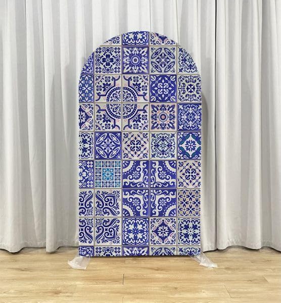 Curved Top Arch Cover Backdrop 4x7ft Mediterranean Portuguese Patchwork Tile Theme Spandex Background for Birthday Wedding Shower Banquet Porcelain Party Decoration - Image 3