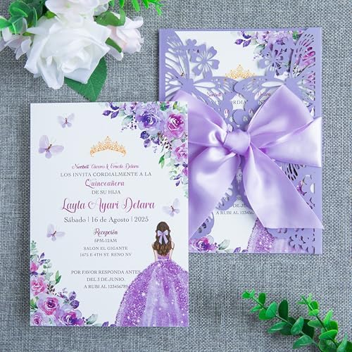 20 PCS 5.12x7.2 Butterfly Personalized Quinceanera Invitation, Customized XV Anos Laser Cut Invitation Cards with Envelopes (Violet Personalized) by FEIYI