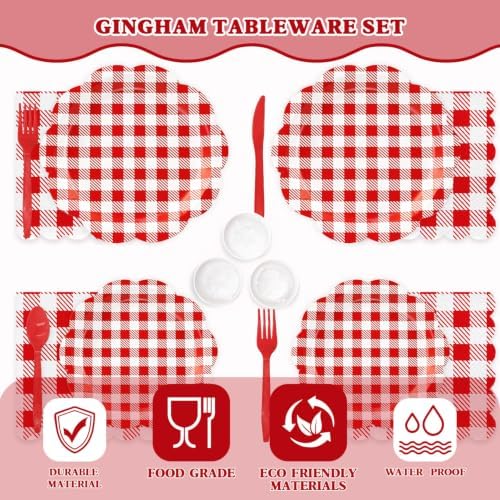 350 PCS Red Gingham Disposable Dinnerware Set, Decagonal Paper Plates 7 & 9 Inch, Napkins, Cups & Cutlery, Checkered Party Supplies for Picnic BBQ Valentine Christmas - Image 6