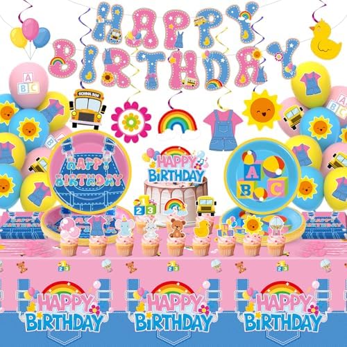 156Pcs Girls Birthday Party Decoration Set Cartoon Teacher Paper Plates and Napkins Happy Birthday Banner Hanging Swirls Cupcake Toppers Tablecloth for Girls Baby Shower English Teacher Party Supplies by ojustbeok