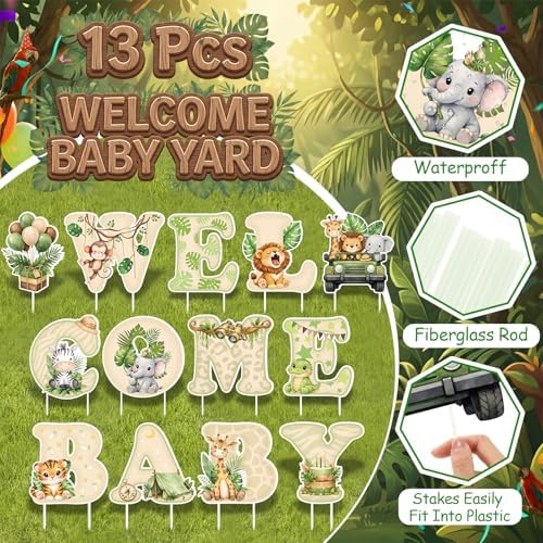 Ripeng 13 Pcs Safari Baby Shower Decorations Woodland Animals Welcome Baby Yard Signs with Stakes 15 Inch Tall Lawn Signs for Gender Reveal Theme Birthday Party Indoor Outdoor Supplies - Image 3