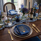 KIRE 350Pcs Blue and Gold Plates -Heavy Duty Navy Blue Dinnerware Set - 100 Plastic Plates 50 Pre Rolled Napkins with Gold Plastic Silverware 50 Cups for Party/Wedding/Birthday - Image 4