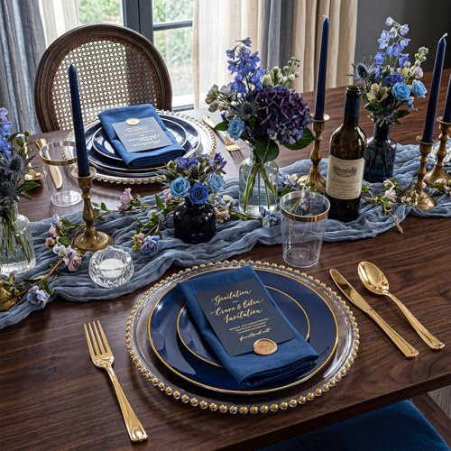KIRE 350Pcs Blue and Gold Plates -Heavy Duty Navy Blue Dinnerware Set - 100 Plastic Plates 50 Pre Rolled Napkins with Gold Plastic Silverware 50 Cups for Party/Wedding/Birthday - Image 4