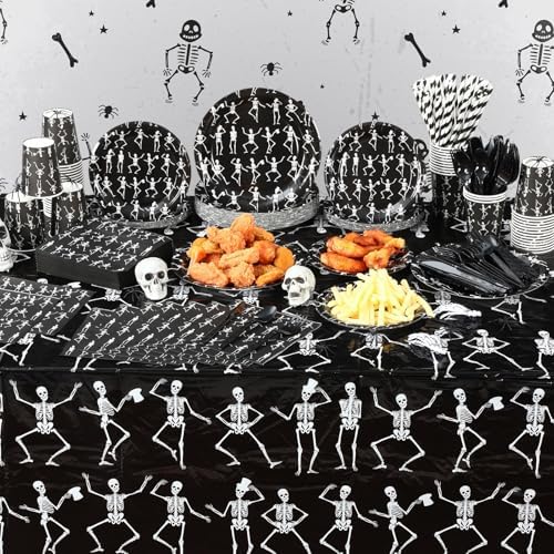 Funnymoom 452 Pcs Halloween Skeleton Party Decorations, Human Bones Dancing Skeleton Paper Plates Napkins Cups Tablecloth Cutlery Straws for Spooky Ghost Themed Birthday Party Supplies, Serves 50 - Image 6