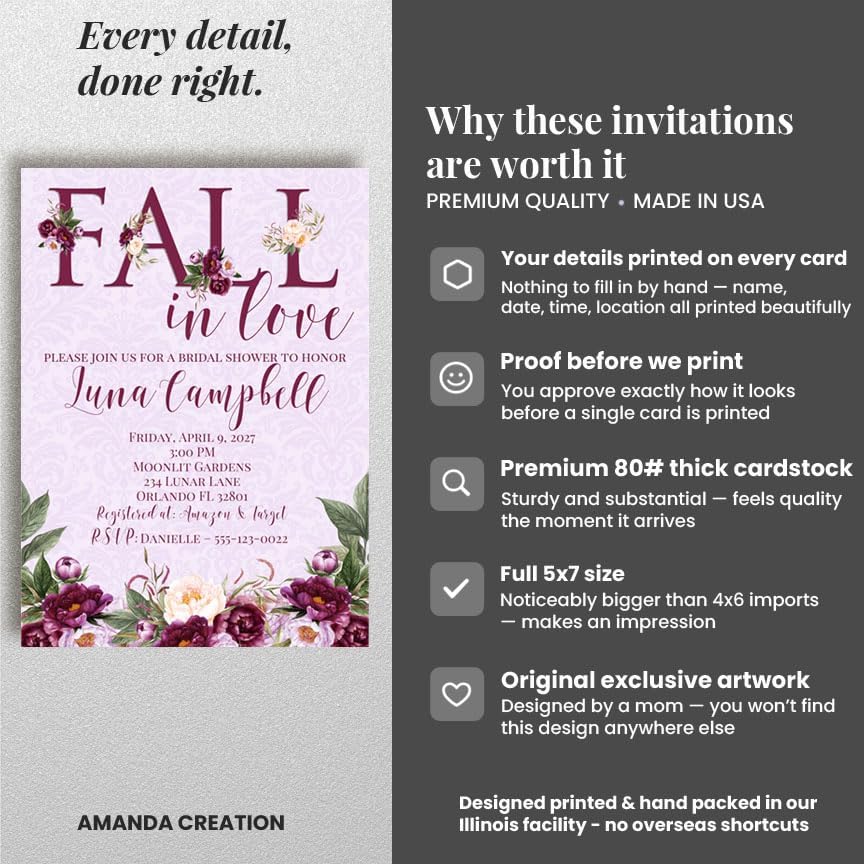 Amanda Creation Fall in Love Bridal Shower Invitations, 30 Personalized 5x7 Purple Bridal Shower Invitations with Envelopes, Purple Peony Autumn Design - Image 4