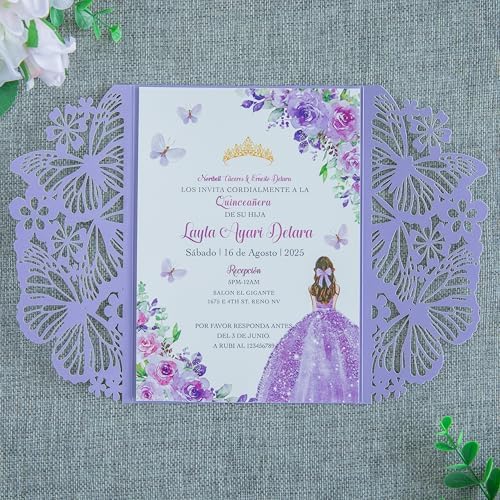 20 PCS 5.12x7.2 Butterfly Personalized Quinceanera Invitation, Customized XV Anos Laser Cut Invitation Cards with Envelopes (Violet Personalized) - Image 3