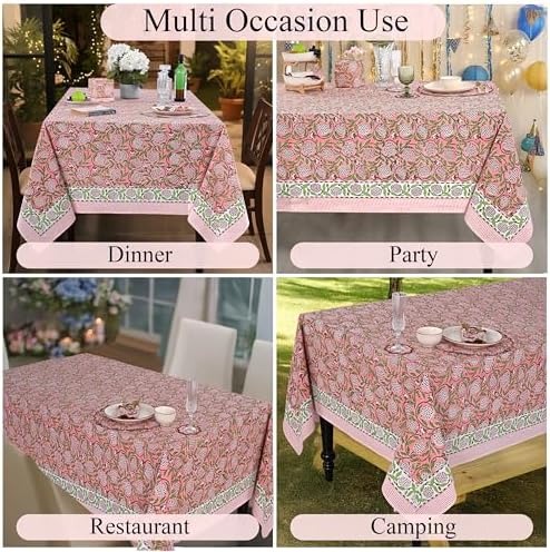 Ridhi Strawberry Pink Block Print Cotton Rectangle Table Cloth, 52x70 inch - Image 5
