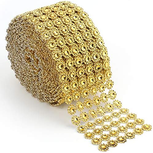 Foraineam 10 Yards / 30 Feet Golden Diamond Ribbon Wrap Faux Rhinestone Crystal Ribbon Flower Shape Mesh Wrap Roll for Event Party Wedding Decoration (Pack of 2) - Image 2