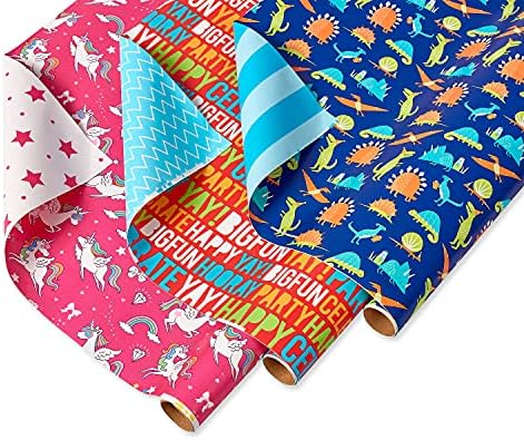 American Greetings Reversible Birthday, Baby, Wedding, and All Occasion Wrapping Paper, Unicorns and Dinosaurs (9 Rolls, 225 sq. ft.) - Image 2