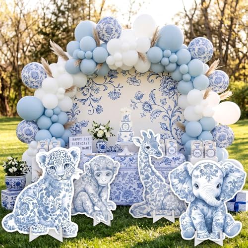 Honoson 4 Pcs 24.6" x 29.3" Large Blue Safari Toile De Jouy Baby Shower Decoration Cardboard Cutouts, Blue Floral Jungle Animal Yard Signs Standee for Wild One Birthday Party Supplies Gender Reveal - Image 4