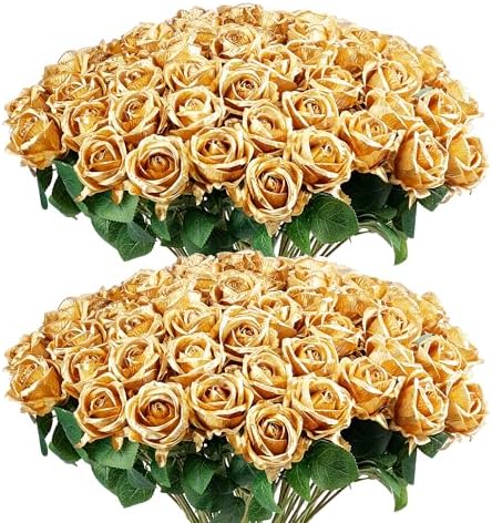 Auihiay 60PCS Gold Rose Artificial Flowers, Faux Silk Roses by Auihiay