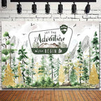 Watercolor Gold Glitter Let The Adventure Begin Backdrop Mountain Pine Tree Wilderness Background Bear Badge Woodland Adventure Baby Shower 1st Birthday Party Photography Booth Banner，A：9X6FT - Image 3