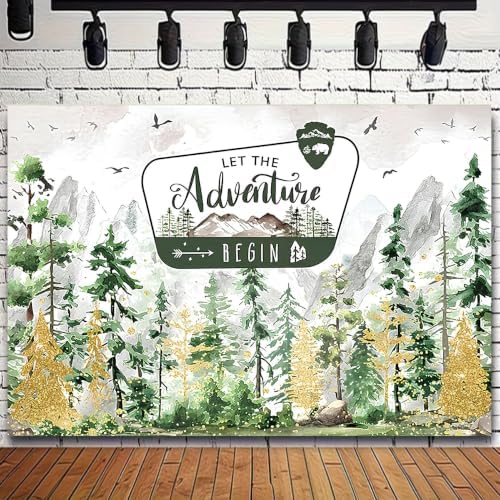 Watercolor Gold Glitter Let The Adventure Begin Backdrop Mountain Pine Tree Wilderness Background Bear Badge Woodland Adventure Baby Shower 1st Birthday Party Photography Booth Banner，A：9X6FT - Image 3