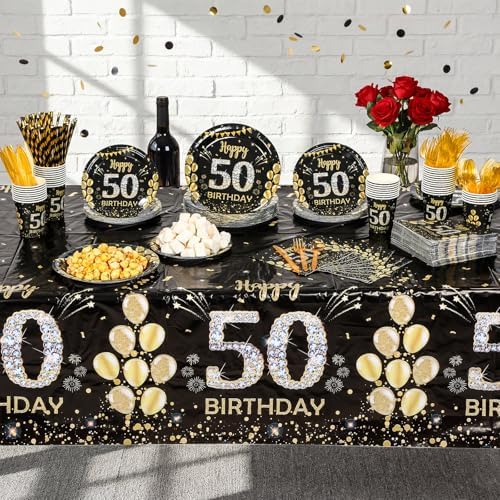 Funnymoom 452 Pcs 50th Birthday Decorations for Men, Black and Gold 50th Birthday Paper Plates Cups Napkins Tablecloth Cutlery Straws for Men Women 50 Year Old Party Supplies for 50 Guests - Image 6