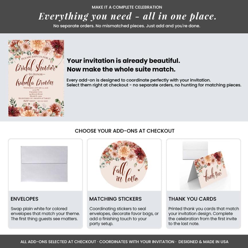 Amanda Creation Fall Bridal Shower Invitations Personalized for Her, 20 5x7 Bridal Shower Invitations with Envelopes, Boho Burgundy Floral - Image 6