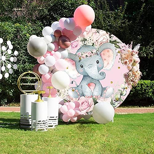 7.2x7.2ft Elephant Baby Shower Round Backdrop Watercolor Pink Floral Photography Background Circle Backdrop Cover Girls Birthday Newborn Gender Reveal Party Decoration Banner Photo Booth Props - Image 4
