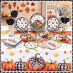 Ceenna 452 Pcs Fall Pumpkin Party Supplies for 50, Black Buffalo Plaid Pumpkin Leaves Paper Plates Napkins Cups Tablecloth Cutlery Straw Disposable Tableware for Thanksgiving Autumn Harvest Decoration - Image 6