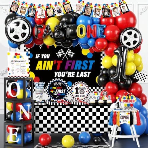 Fast One Birthday Decorations for Boys Racing Car First Birthday Party Supplies Tableware Cars Birthday Paper Plates Napkins Forks Backdrop Balloon Banner Balloon Boxes by Unknown