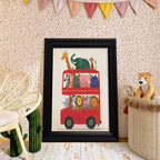 Vintage Framed Cute Colorful Animal Canvas Wall Art Modern Funny Kids Posters Safari Animals On Red Bus Scene Prints For Toddler Bedroom Nursery Wall Decor 20x30 inch - Image 3