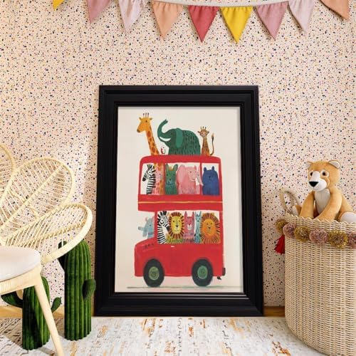 Vintage Framed Cute Colorful Animal Canvas Wall Art Modern Funny Kids Posters Safari Animals On Red Bus Scene Prints For Toddler Bedroom Nursery Wall Decor 08x10 inch - Image 3