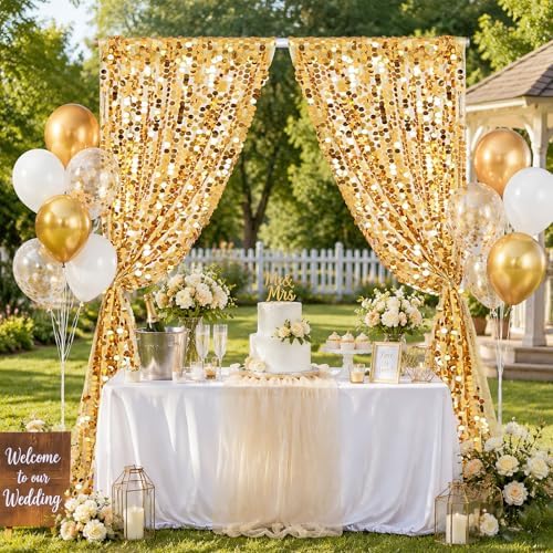 Big Payette Gold Sequin Backdrop Curtain 4 Panels 2ftx8ft Glitter Sparkly Party Background Drapes for Wedding Birthday Baby Shower Event Decoration - Image 5