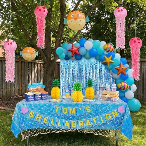 11 Pcs Under The Sea Birthday Party Decorations Cartoon Ocean Themed Backdrop Pineapple Decor Jellyfish Hanging Lanterns, Sea Tablecloth Wave Background for Summer Baby Shower Photo Props - Image 6