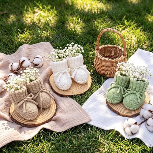 Jiuguva 6 Pcs Neutral Baby Shower Booties Decor, White, Green, Light Camel - Image 2