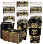 Whaline 50 Pcs 16 Oz Happy New Year Disposable Coffee Cups with Lids and Sleeves Black-Gold Firework Paper Drinking Cup for Chinese Spring Festival Party Supplies by Whaline