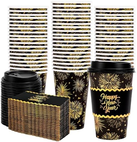 Whaline 50 Pcs 16 Oz Happy New Year Disposable Coffee Cups with Lids and Sleeves Black-Gold Firework Paper Drinking Cup for Chinese Spring Festival Party Supplies by Whaline