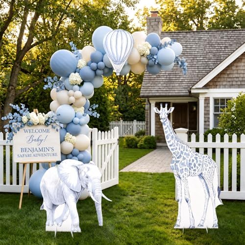 3Pcs Blue Toile de Jouy Safari Baby Shower Decorations, Large Elephant Giraffe Hot Air Balloon Cardboard Cutouts, Corrugated Plastic Jungle Animal Standees for Boy Gender Reveal Nursery Decor - Image 7