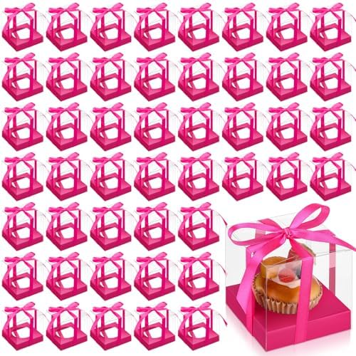 Thenshop 50 Pcs Clear Cupcake Boxes Individual 3.5 Inch, Hot Pink by Thenshop