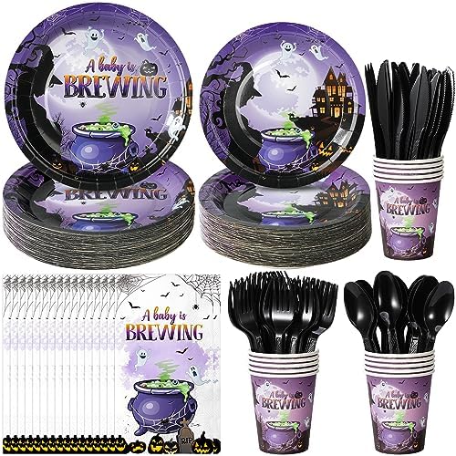 Halloween Baby Shower Party Supplies Decorations Serve50, Baby Brewing Baby Shower Plates and Napkins Set, Disposable Paper Plates Napkins Cups Tableware for Halloween Gender Reveal Party Decorations by EnjoyYourFunnyParties