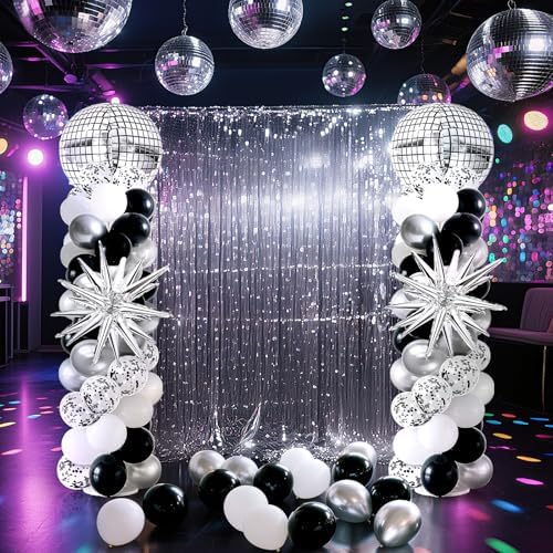 2 Sets Disco Balloon Column Stand Kits Adjustable Black and Silver Balloons Column Kit with Disco Ball Explosion Star 80s Party Themed Tower Stand Kit for Birthday Party Retro Dance Supplies - Image 2