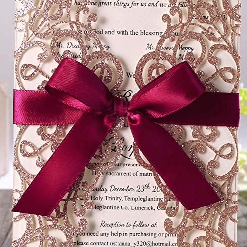 Hosmsua 50PCS Laser Cut Lace Rose Wedding Invitation Cards with Ribbon and Envelopes, 5.12 x 7.3 Invitation Pocket for Bridal Shower Engagement Birthday Graduation (Rose Gold Glitter) - Image 3