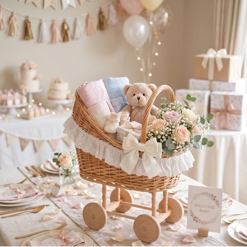 Vintage Wicker Baby Carriage Centerpiece with White Lace Trim (L Wicker Carriage a) - Image 4