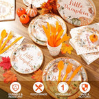 Dandat 350 Pcs Baby Shower Plates Set Baby Shower Party Supplies Serves 50 Tableware Sets Include Plates Napkin Cup Forks Knives Spoons Disposable Dinnerware(Little Pumpkin,Orange) - Image 4
