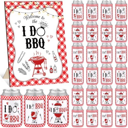 I Do BBQ Party Decorations Set 36 Pcs 12 oz Wedding Can Cooler Sleeves Bulk with Wooden Sign Rustic Red Gingham Theme BBQ Bridal Shower Decorations for Wedding Engagement Bachelorette Party by Unknown