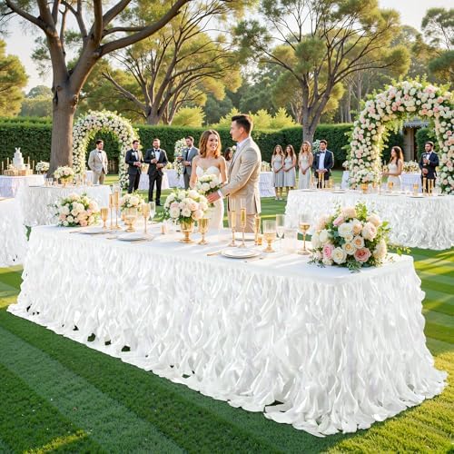 Wish Care 14ft White Sequin Table Skirt for Rectangle Tables Glitter Curly Willow Tutu Skirt Ruffle Table Cloth Desk Skirts for Wedding Birthday Baby Shower Party Banquet Table Skirting Decorations - Image 2