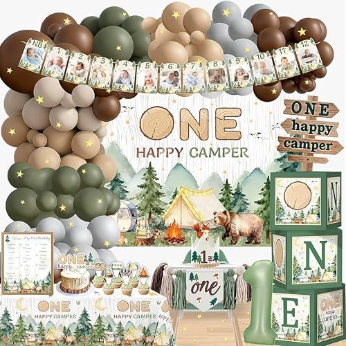 One Happy Camper Birthday Decorations, Camping first Birthday Party decorations, Camp 1st birthday Party Supplies Decor, Balloon Arch One Boxes High Chair Banner Crown Cake Topper Tablecloth Confetti by JollyScape