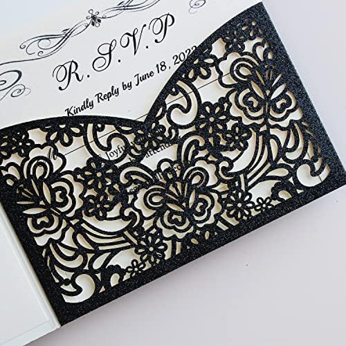 Hosmsua 5.12 x 7.2 50PCS Black Glitter Wedding Invitation Pocket with Envelopes, Laser Cut Lace Flora Invitation for Wedding Birthday Quinceanera Invite (No Inner Sheet) - Image 6