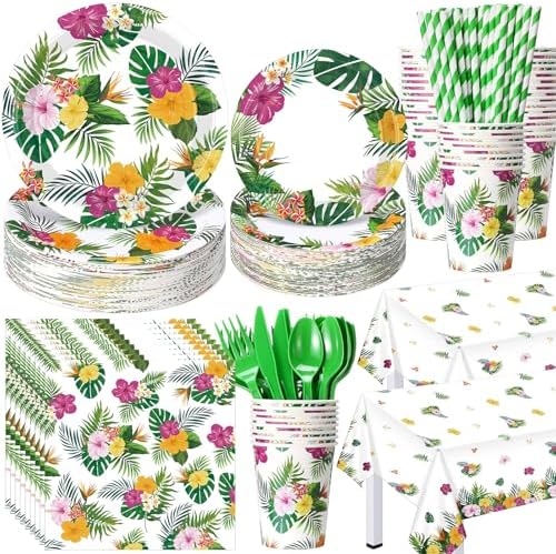 Funnymoom 452 Pcs Hawaiian Luau Party Decoration for 50, Tropical Aloha Paper Plate Napkin Cup Tablecloth Cutlery Palm Leaf Hibiscus Disposable Tableware for Summer Beach Floral Birthday Party Supply by Funnymoom