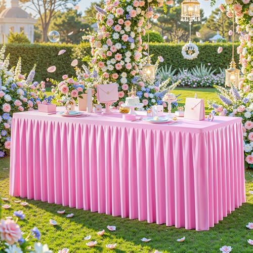 Pink Polyester Table Cloths for Rectangle 8 Foot Tables, 2 Pack Wrinkle Free Tablecloths Stretchy Banquet Ruffle Fitted Table Cover Desk Skirt for Parties Wedding Birthday Baby Shower - Image 7