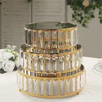 3 Gold Round Stackable Metal Cake Stands with Crystal Pendant and Mirror Top Wedding Birthday Party Display Dessert Riser Pedestal Centerpieces - Image 5